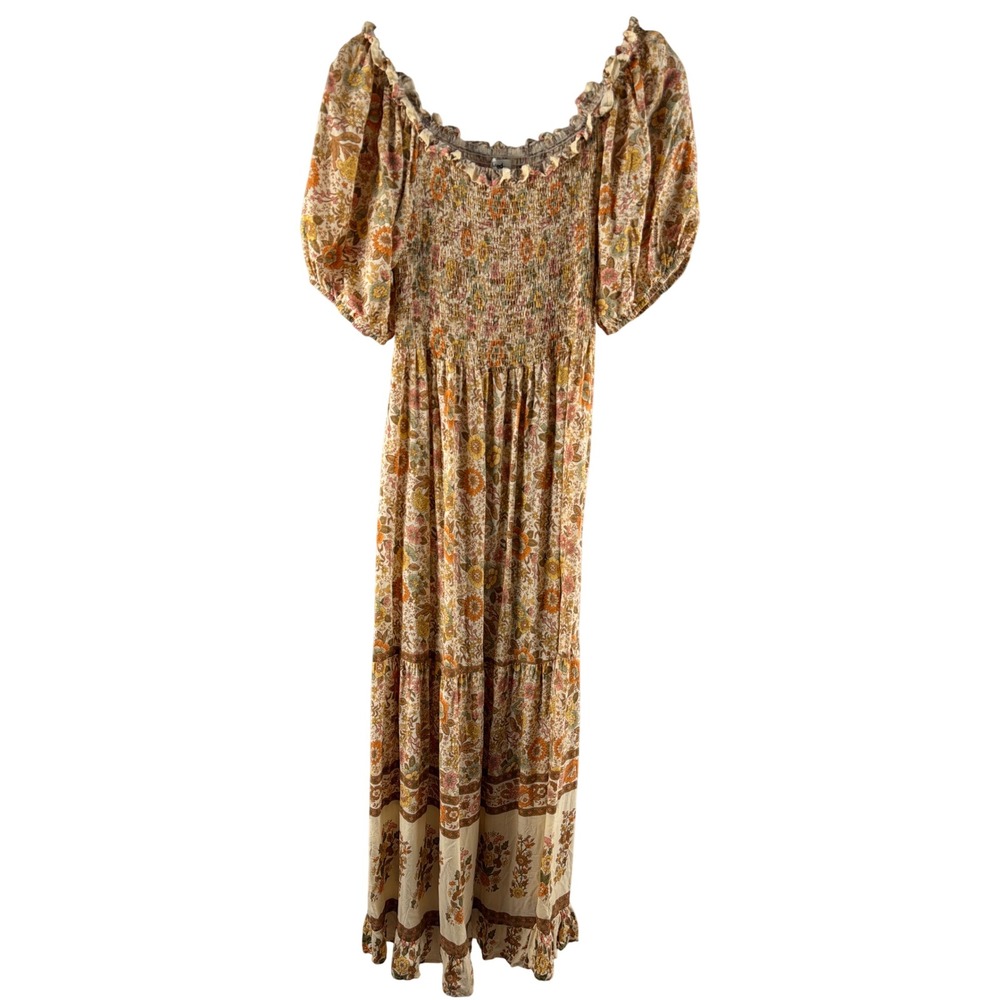 Kindred Floral Smocked Maxi Dress Womens 1X Boho Puff Sleeve Tiered Rayon